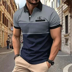 Camiseta con estampado de Letras a rayas para hombre, Polo con botones de solapa, camiseta de calle de Hip-hop, Top de manga corta con cuello redondo