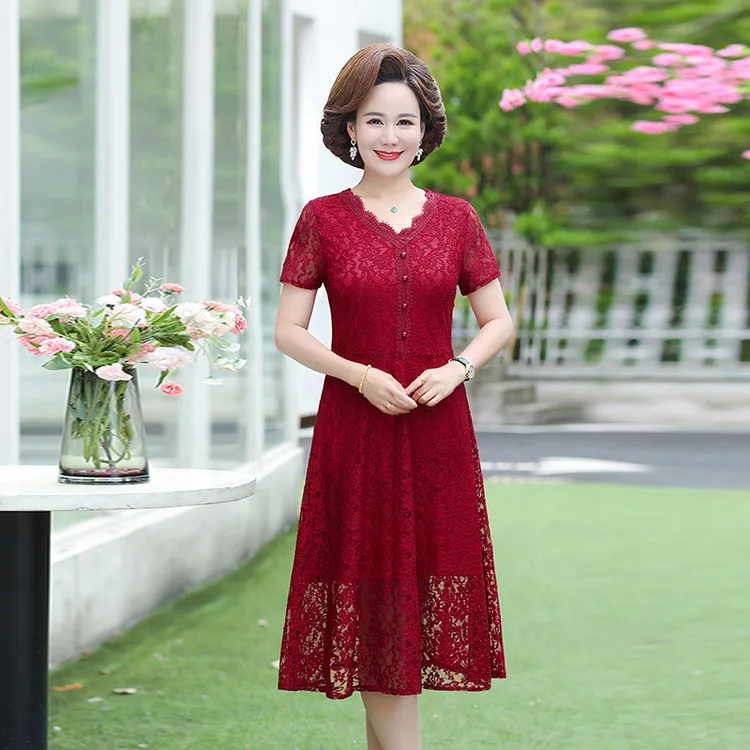 

Red Short Sleeve Wedding Dress Style Young Looking Lace Dress for Mothers And Fathers Summer Clothing for Women
