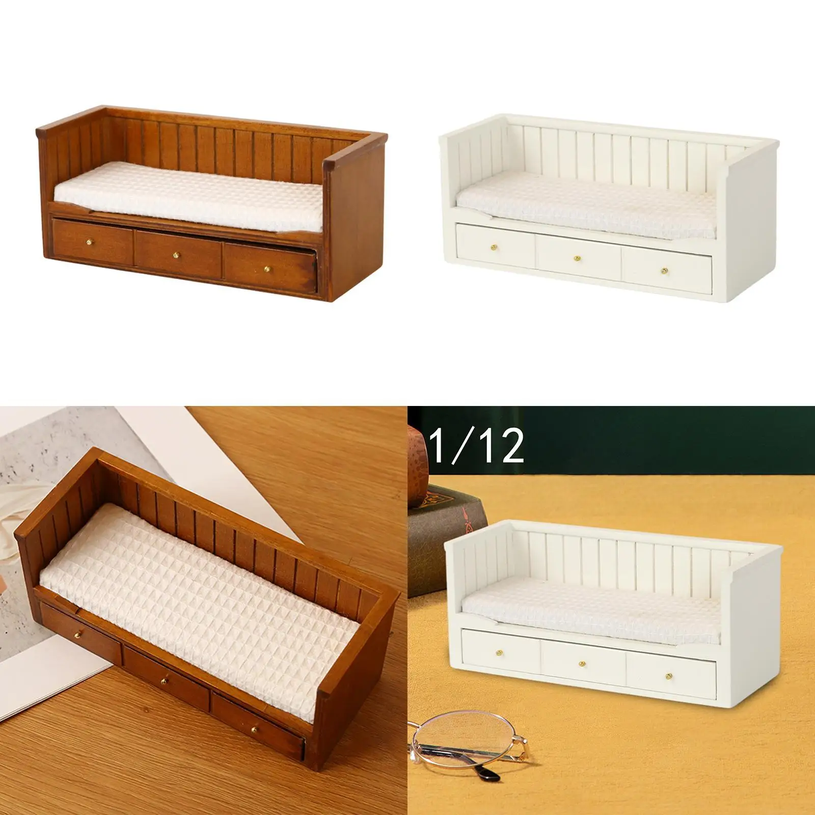 Lit en bois avec matelas avec rangement, accessoires photo, meubles miniatures, ameublement de micro paysage, MELDIY Accs, 1:12