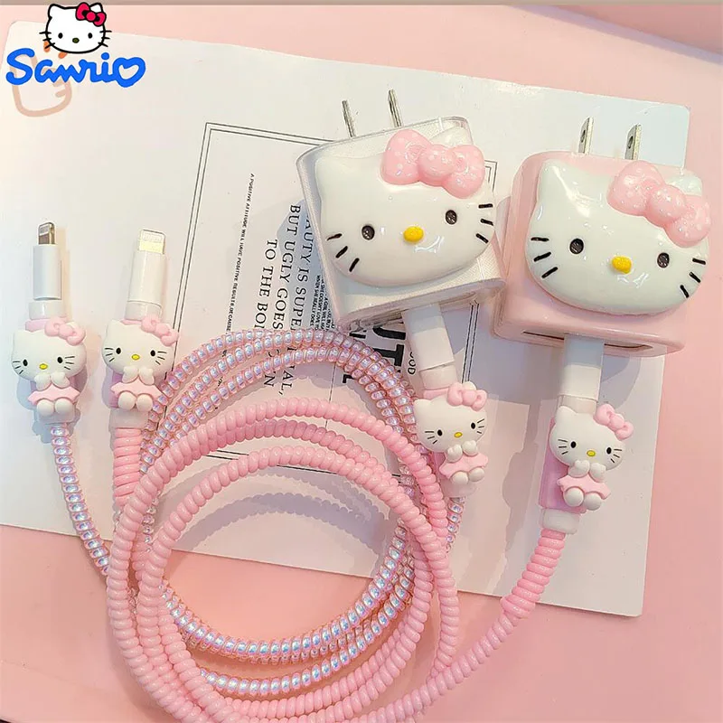 Kawaii Sanrio Cute Hello Kittys Iphone14 Charger Protective Sleeve Data Cable Break-Proof 20W Winding Rope Girls Anime Gift Toys