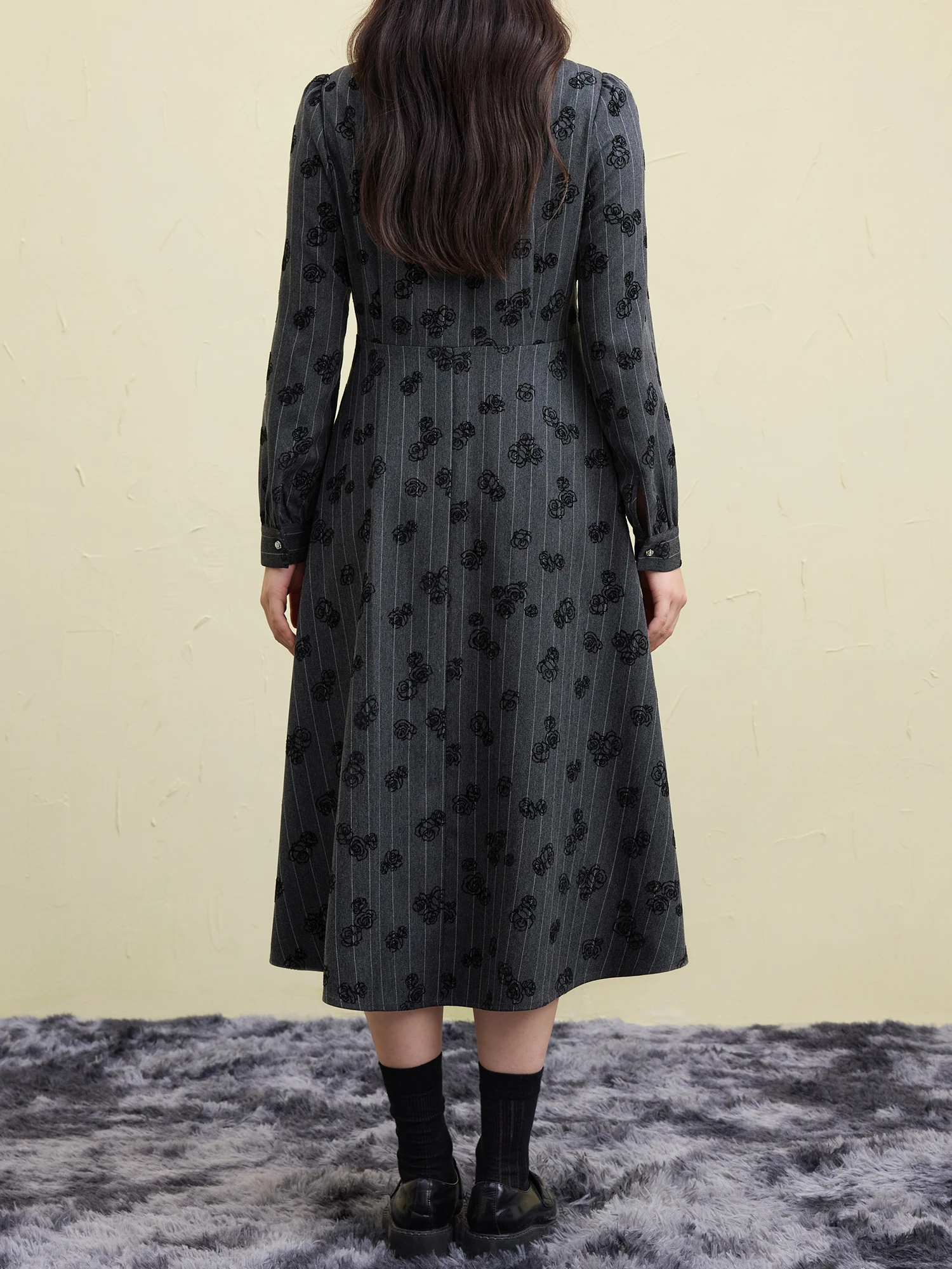 DUSHU Women Winter Print Dress Thicken Warm Female Winter Grey Puff Long Sleeve Dress X-LINE Square Neck Dresses 24DS84507