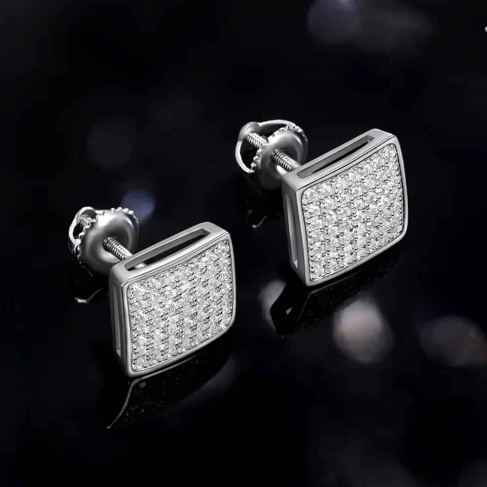 Full Moissanite Square Stud Earrings for Men/Women S925 Sterling Silver 18K Yellow Gold Plated Pass Diamond Test D VVS1 Jewelry