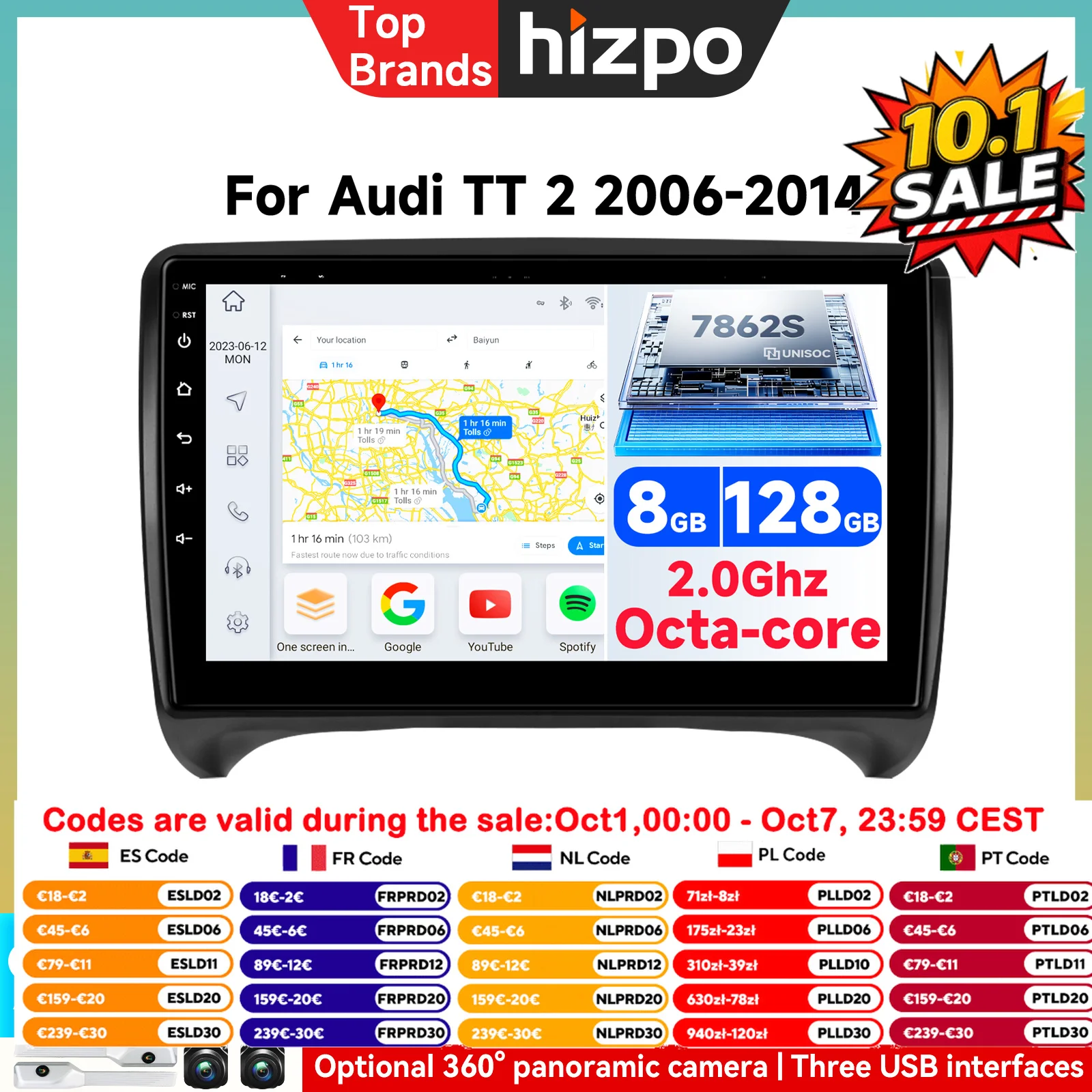 Hizpo 7862 Autoradio Android 2Din per Audi TT MK2 8J 2006-2014, Lettore Multimediale, Stereo GPS, Unità di Controllo con Carplay, Sistemi Intelligenti