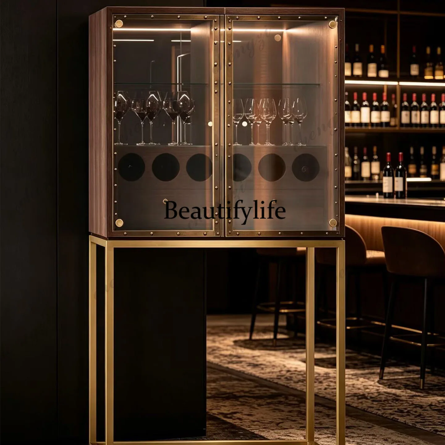 Italian light luxury wooden wine cabinet, creative glass villa living room wall display cabinet, art dining side cabinet