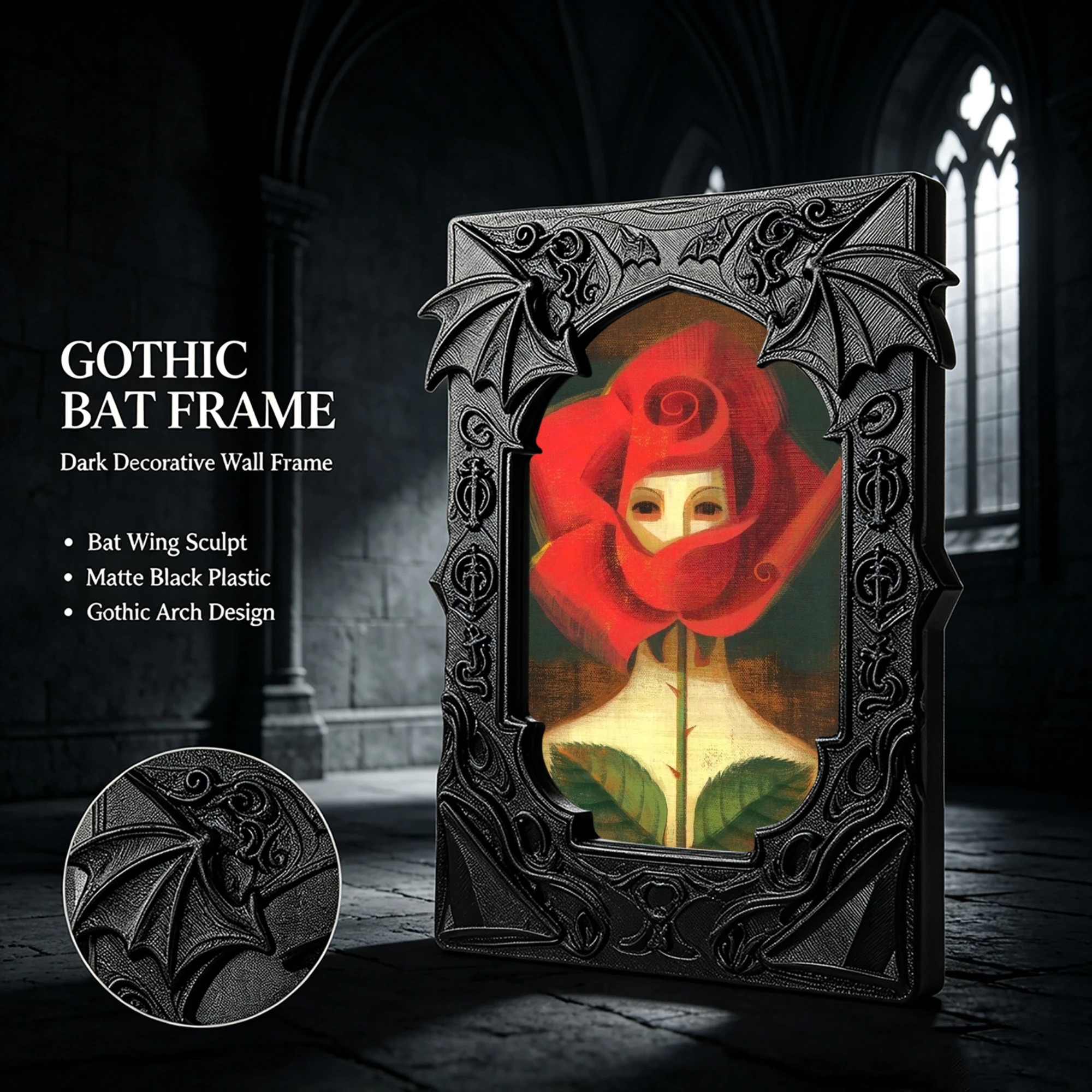 Black Plastic Gothic Picture Frame, Bat Wing Carved Mini Photo Frame with Art Print, Wall Hanging Decor for Bedroom Home Office