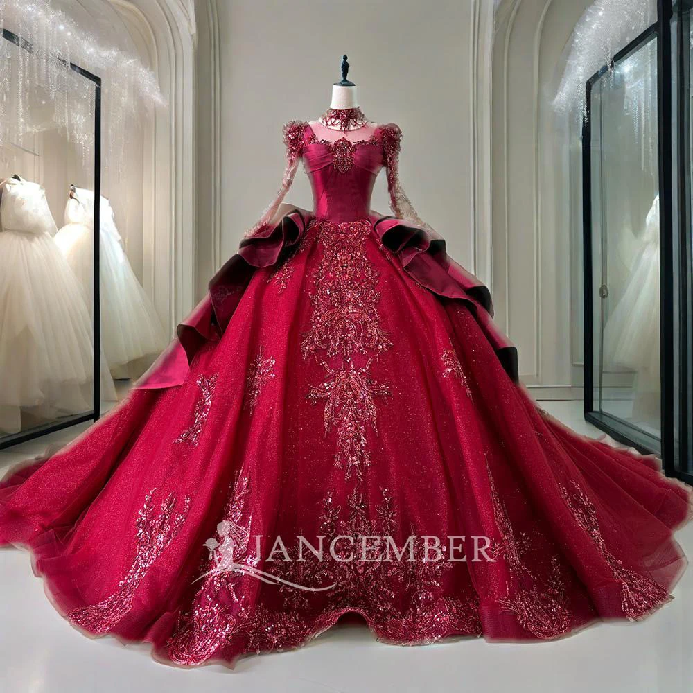 

Luxury Handmade Neck Red Wedding Dress With Train Lace Flower Bridal Dress Elegant Ball Gown Robe De Mariee Customized XS127