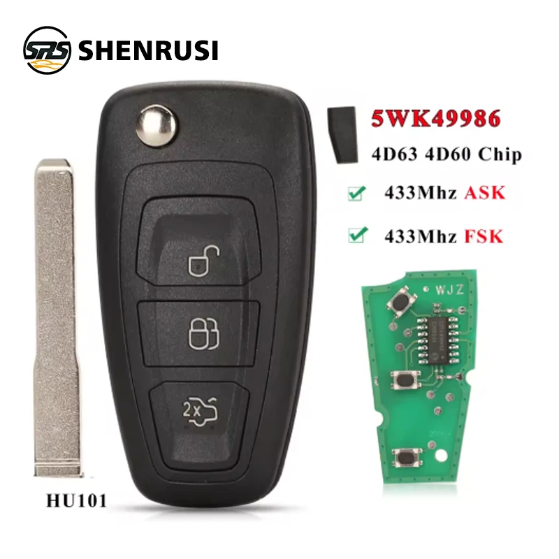 

YONSEN 3BTN 433Mhz ASK/FSK 4D63 4D60 Чип-брелок для автомобиля с дистанционным управлением для Ford Kuga C-Max Focus Fiesta Mondeo Galaxy с выкидным ключом HU101