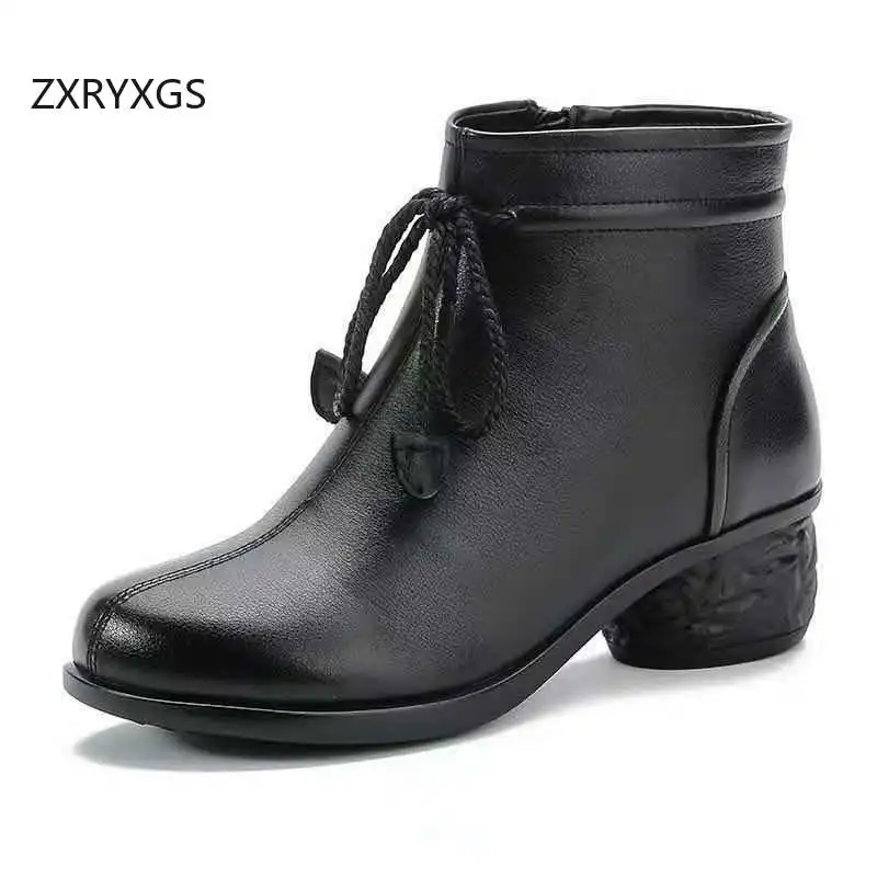 

ZXRYXGS New Fashion Genuine Leather Single Boots 2025 Round Toe Bow Autumn Winter Boots Comfortable Non-slip Elegant Women Boots