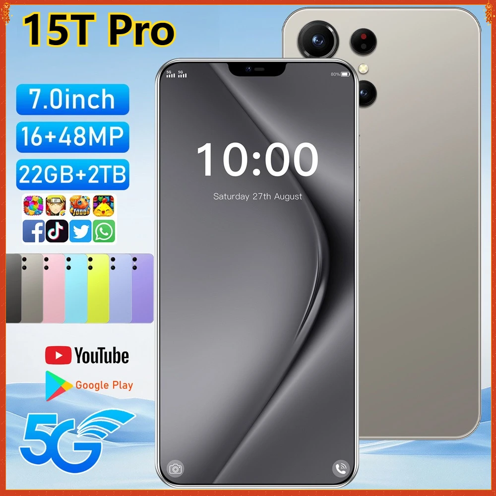 Новый смартфон 15T Pro 5G Android 7,0HD оригинальный мобильный телефон 22G + 2TB Dual Sim 8000 мАч разблокированный сотовый телефон глобальная версия