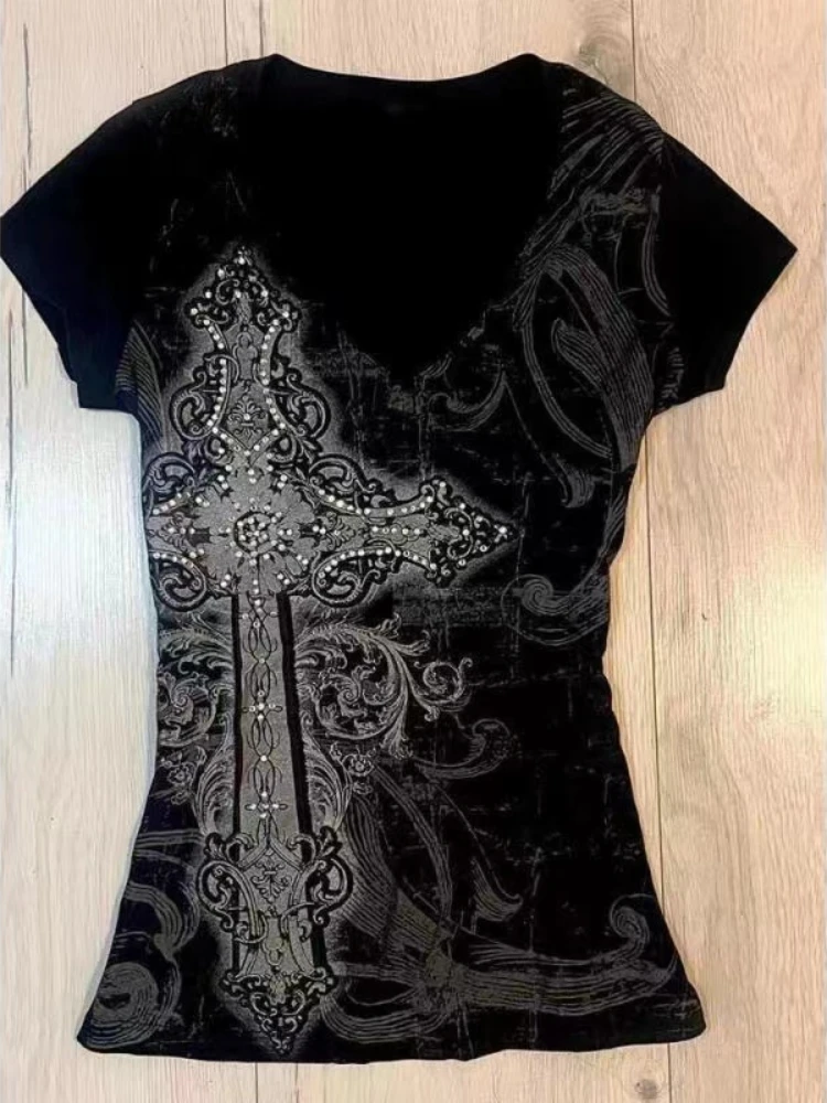 Sommer Neue Amerikanische Vintage Subkultur Kurzarm T-shirt Punk Gothic Rock Schwarz Spitze Tops für Frauen Harajuku Goth Grunge Tees