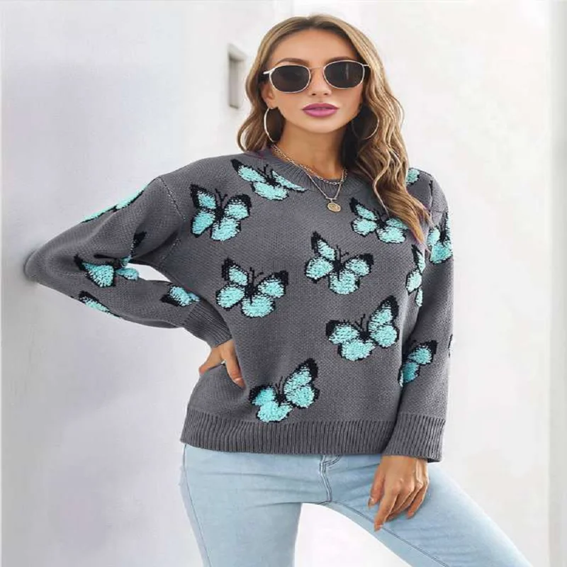 Y2k فراشة الجاكار المرأة سترة الخريف الشتاء عالية Stree موضة الدافئة تريكو ملابس نسائية غير رسمية فضفاضة البلوز القمم