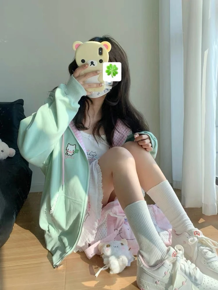 HOUZHOU Kawaii Lace Patchwork Plaid Women Hoodies Sweet Cat Embroidery Japanese Fashion Zipper Hooded Sweatshirt Pocket Loose