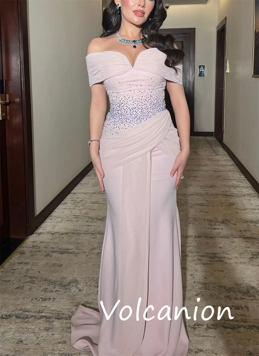 Customized Intricate Matching Jersey Sequined Pleat A-line Off-the-shoulder Long Dresses Bespoke Occasion Sexy