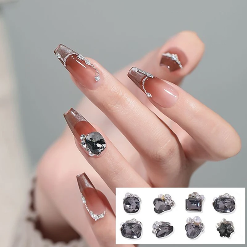 3pcs Transparent Black Nail Diamond Jewelry Love Square Sparkling Nail Drill Rhinestone Pearl Pile Nail Art Accessories