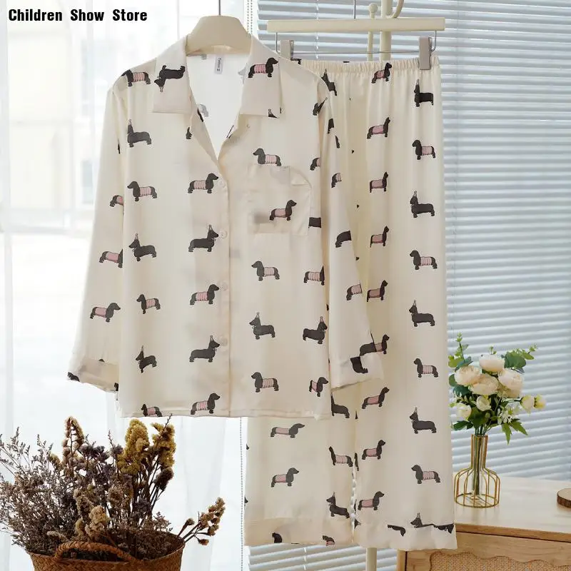 

Атласная одежда для сна, милый пижамный костюм с изображением таксы, женский топ с длинными рукавами, брюки, свободная домашняя одежда, новая летняя ночная рубашка, пижамы