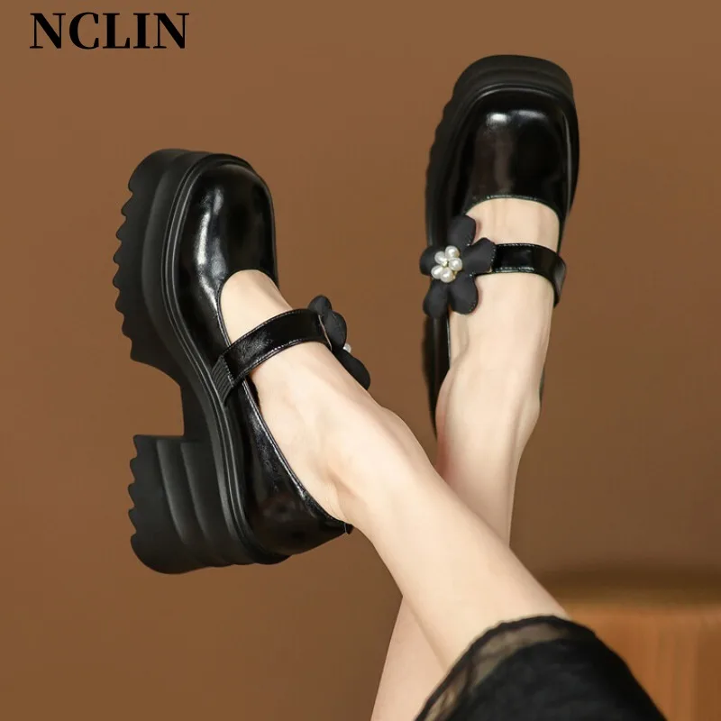 2024 Spring/Summer Women MARY JANES Shoes Round Toe Chunky Heels Platform Shoes For Women Split Leather Pumps Zapatos De Mujer