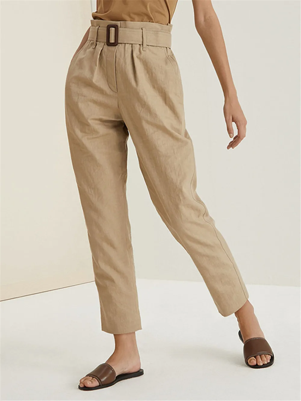 Women's High Waist Pants Autumn New Cotton Linen Blended Tapered Pants Summer Casual Simple Pants with Sashes