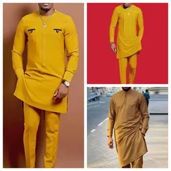 African Traditional Man Outfit Men 2PCS Suits Long-sleeved Round Neck Male Sets Shirt Top Pant Ethnic Style Casual Wear clothing