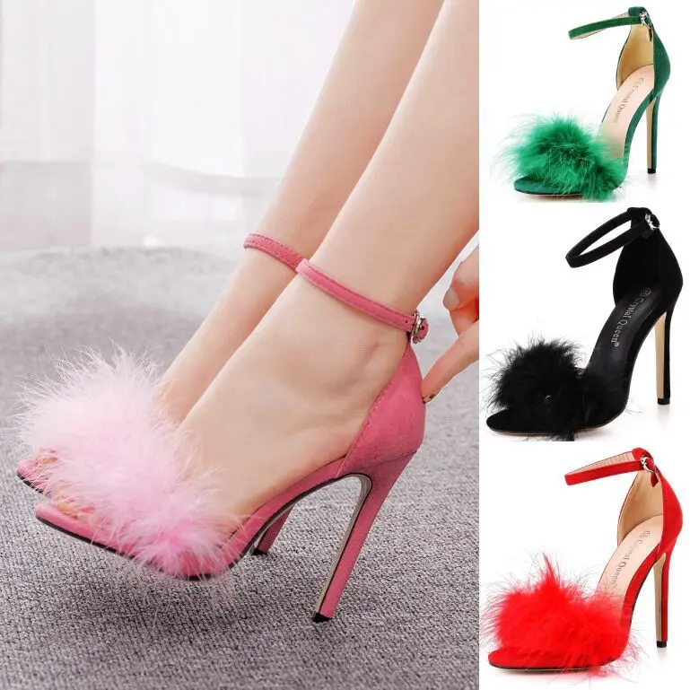 Ladies Elegant Summer Pumps Open Toe Party Feather Solid Flock 11CM Thin Heels Super High Casual Strap Woman Shoes Dress White