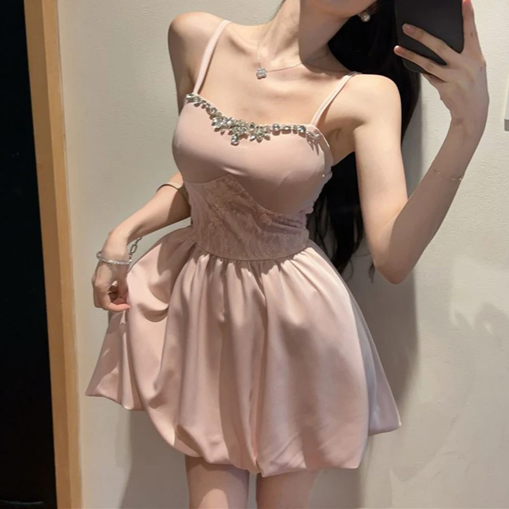 daughter celebrity heavy industry nail drill suspender dress women's summer slim waist A word princess bud short skirt