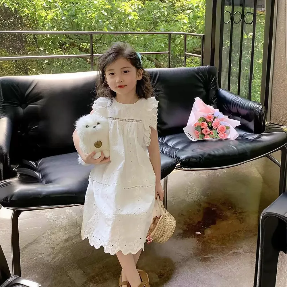 Girl\'s Summer Princess Style Dress Cute Fashionable Beautiful Lace Hollow Dress With Flying Sleeves Elegant Birthday Party Dress