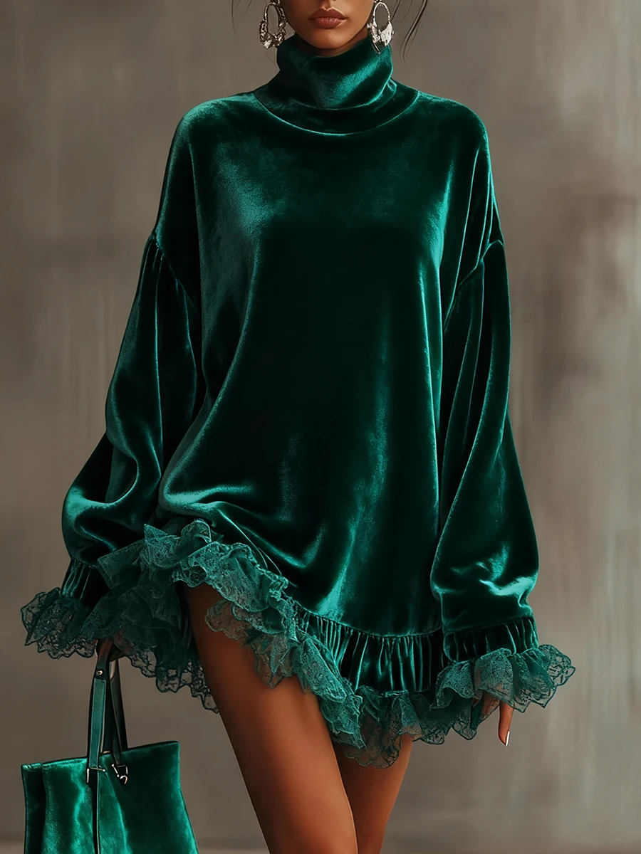 

Women Turtleneck Velvet Dress Vintage Ruffled Lace Splicing Long Sleeve Casual Elegant Mini Oversized Dress Spring Clothes