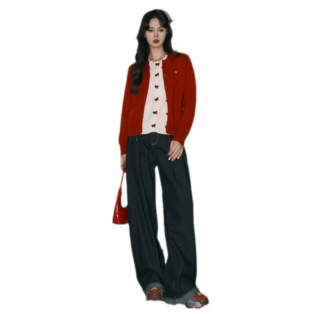 

Women's Red Knitted Sweater Jacket Fake Two-Piece Bow Design Loose Fit Autumn Winter Short Lazy Wear for Christmas