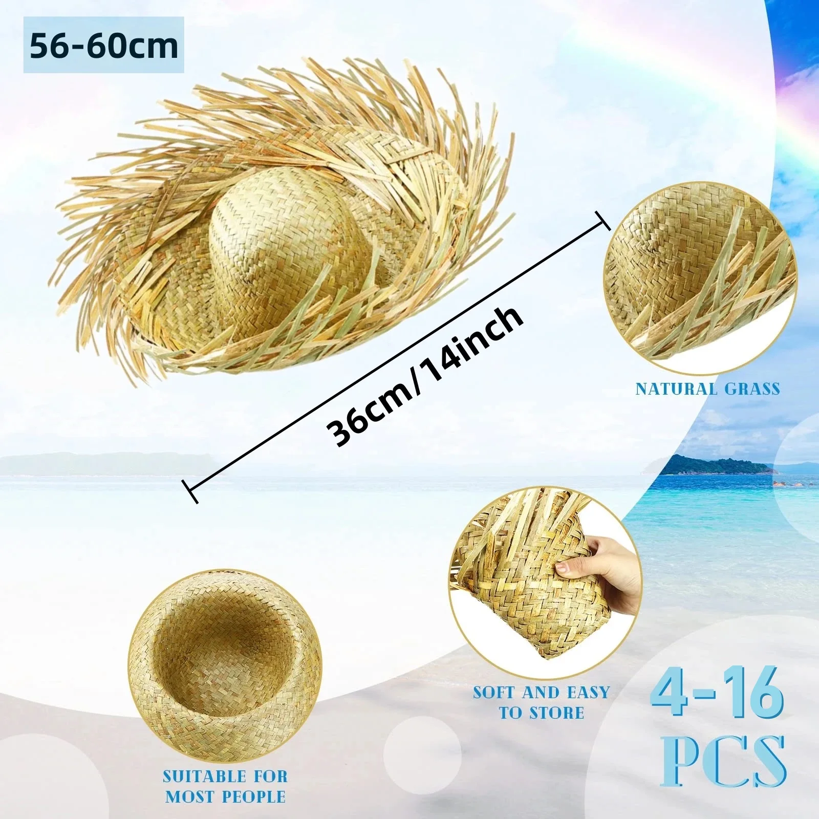 4-16PCS Mexican Sombrero Hats Hawaii Straw Caps Beachcomber For Brazilian Festa Junina Festival Beach Themed Costume Party Dec