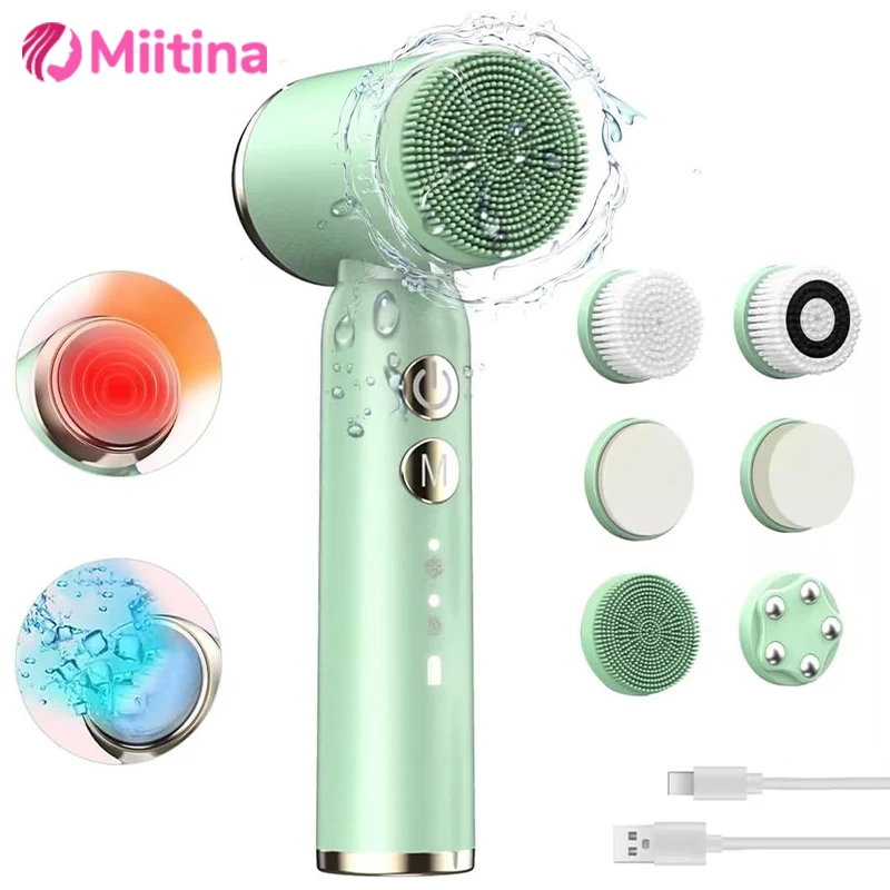 

6 In 1 Ultrasonic Electric Face Cleansing Brush Compress Therapy Facial Exfoliating Pore Cleaner Blackhead Removal Portable