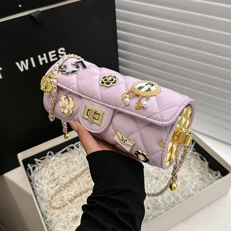 

Luxury Fashionable Cool Bag Women 2025 New Advanced Design Badge Crossbody Cylinder Bag Advanced Sense Chain Shoulder Bag