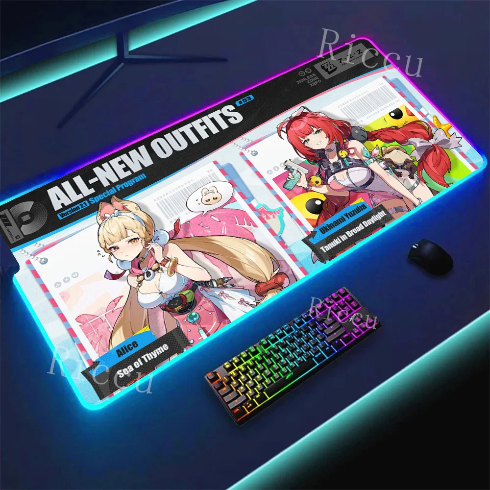

RGB PC peripherals MousePad LED Alice Anime Girls Sexy Large Keyboard Mouse Pad Non-slip Rubber Zenless Zone Zero Game Mouse Pad