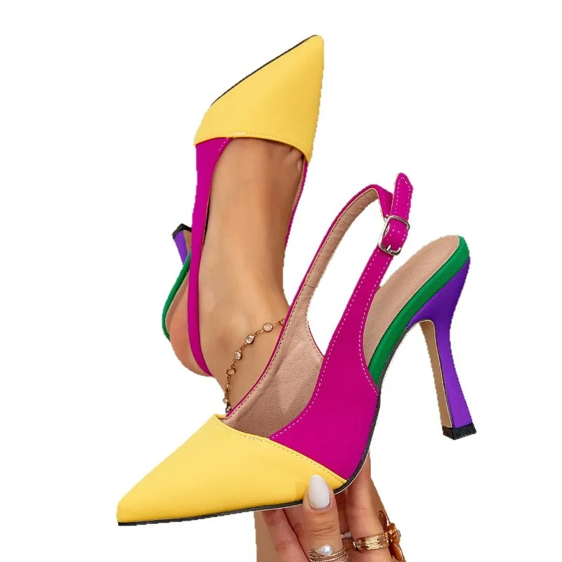 حذاء نسائي فاخر من الساتان مختلط الألوان مثير بمقدمة مدببة بدون ظهر أنيق بكعب عالٍ موضة أحذية الحفلات المسائية