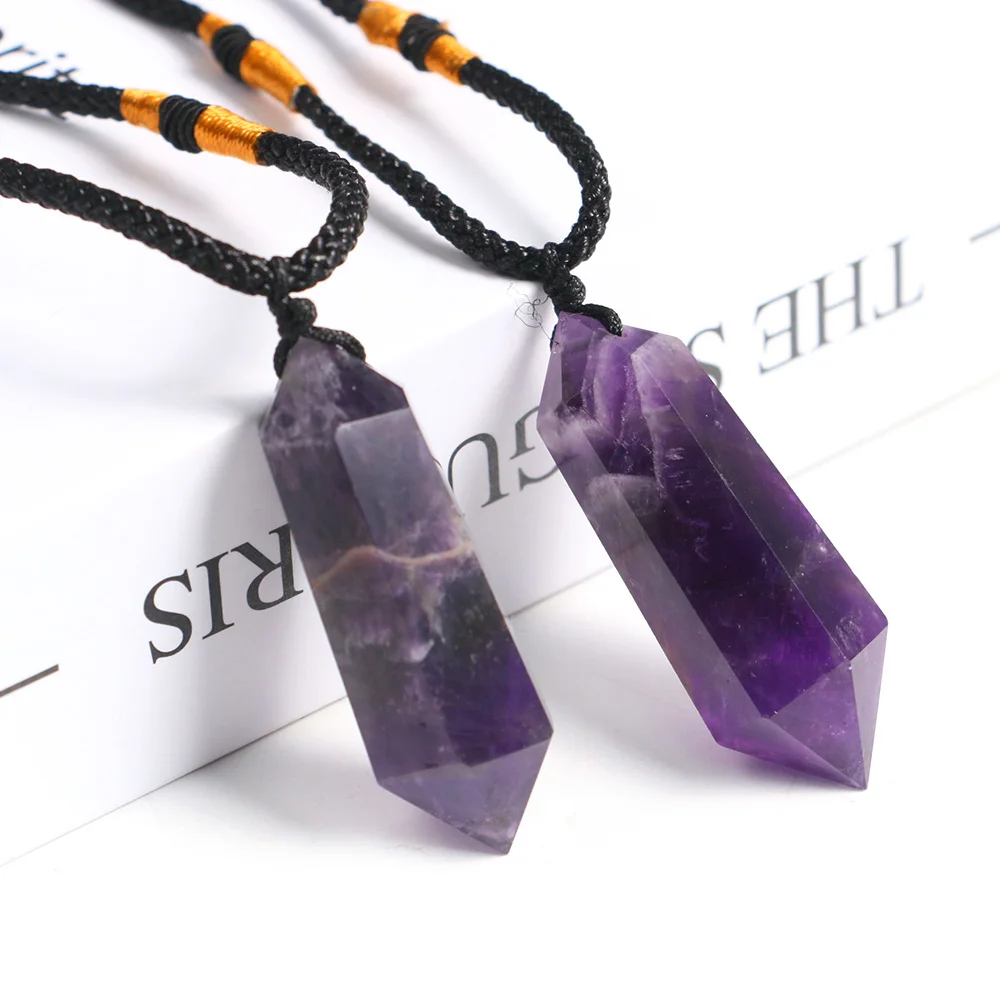 Dream Amethyst Necklace Jewelry Hexagonal Double Point Energy Pendant Healing Natural Purple Crystal Quartz Column Gemstone Gift