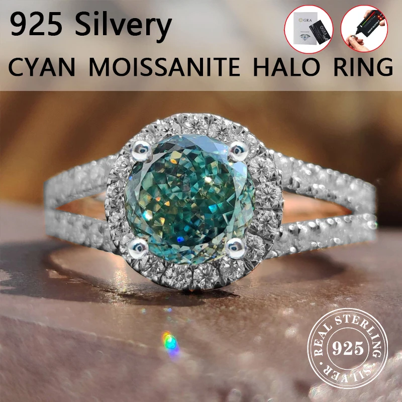 

925 Silvery Portuguese Cut Moissanite Engagement Ring Cyan Moissanite Ring Micro pave Wedding Band Bridal Ring Set Two