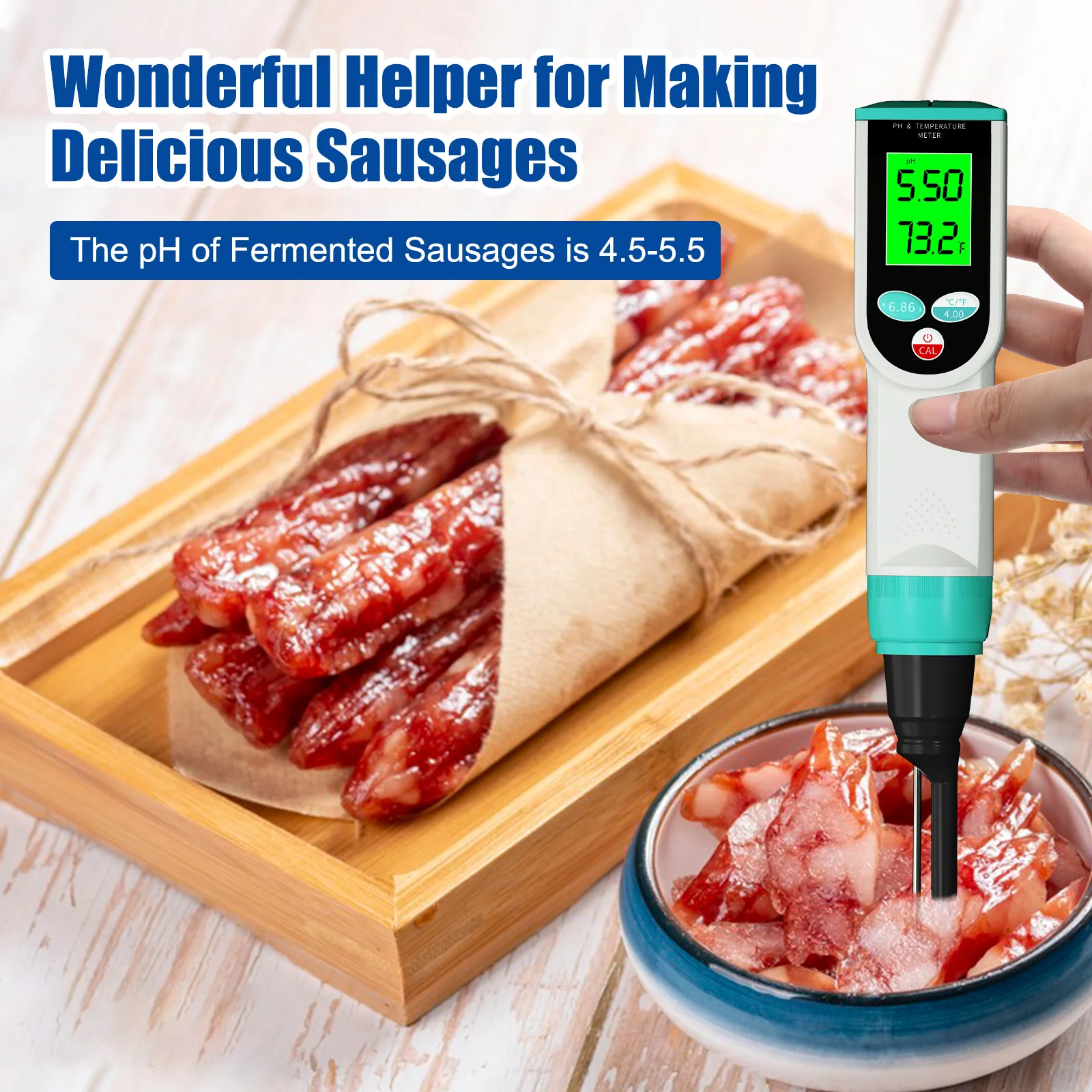 Imagem -02 - Testador Digital de ph de Alimentos Termômetro à Prova Dágua Alta Precisão Carne Queijo Massa Medidor de ph Kit para Levedura Salsicha Jam Sushi