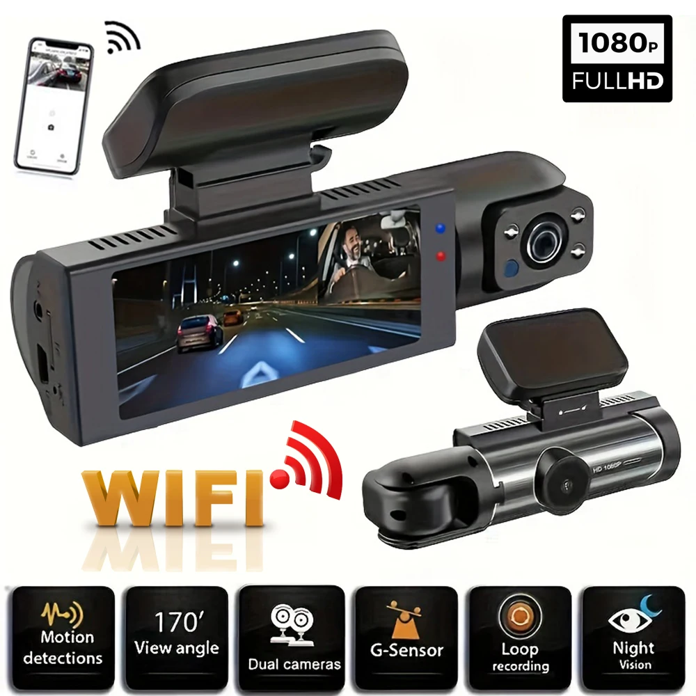 Cámara de salpicadero con cámara Dual WIFI de 1080P para coches, frontal e interior, cámara para coche con visión nocturna IR, grabación en bucle, DVR para coche gran angular