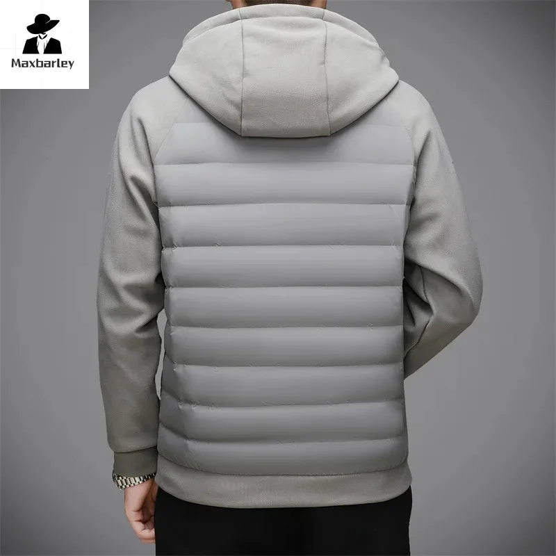 Jaket Down Musim Dingin Pria, mantel berkerudung tahan angin kasual olahraga putih hangat ringan merek mewah 2024