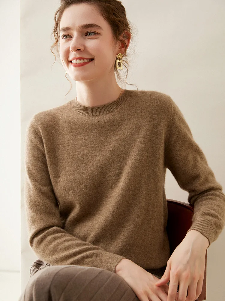 Suéter de cachemira de invierno para mujer, jersey con cuello redondo, manga larga, color sólido con parte inferior de punto