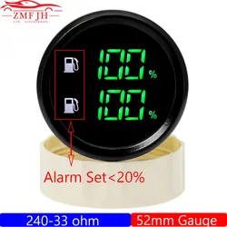 Green LED Digital 2 IN 1 Dual 52mm Fuel Level Gauge with Flashing Alarm 240-33 ohm Dual Oil Tank Level Meter for Car Boat Custom