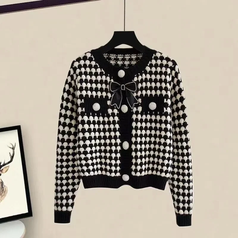 チェック柄長袖Vネックボタンカーディガン トップス 伸縮性ハイウエストカジュアルファッションパンツ レディーススーツ