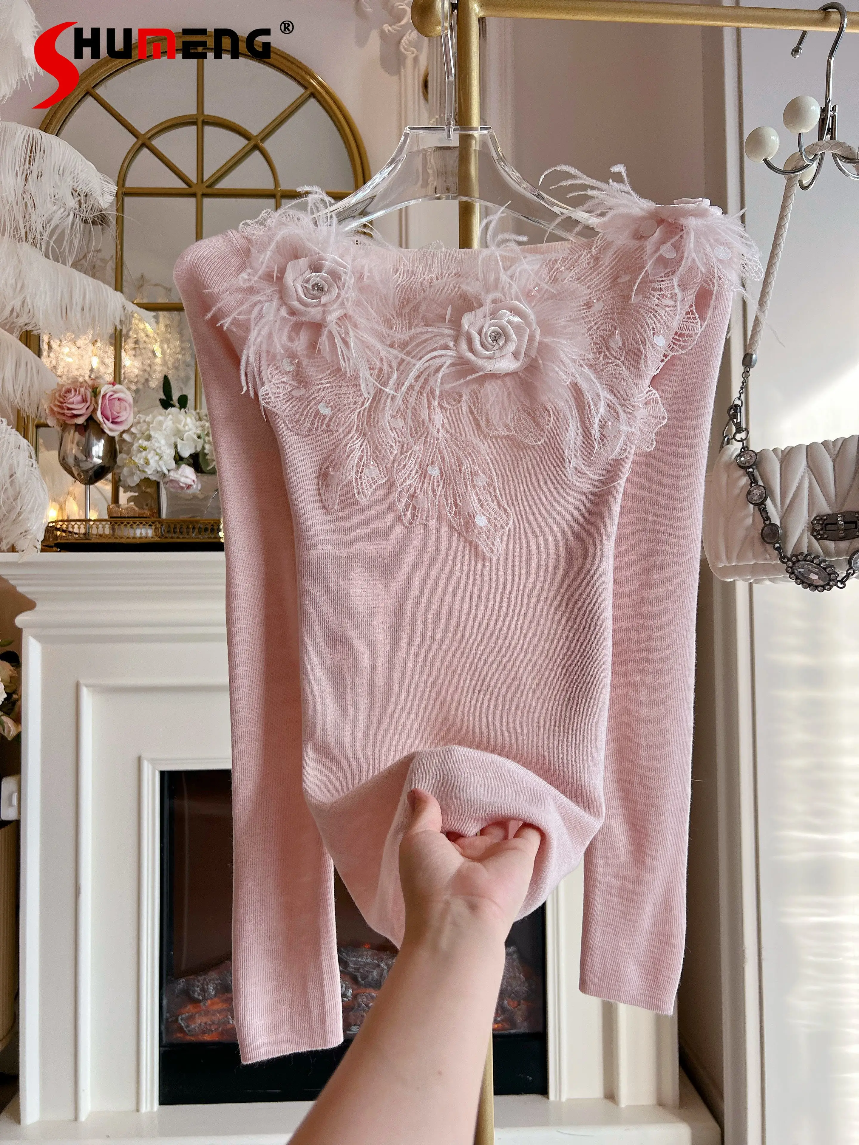 

Изящные вязаные свитера для женщин, осень 2023, новая мода, приталенные трикотажные изделия с блестками и перьями, модные женские однотонные вязаные топы