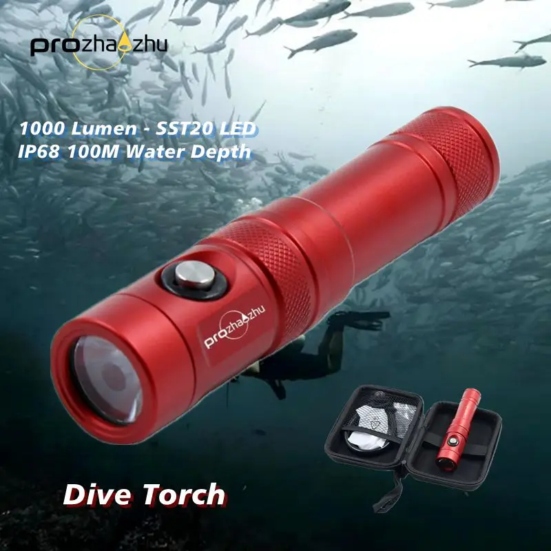 

Red Color Scuba Diving Flashlight Built-in 21700 Lithium Waterproof 100M IP68 LED Dive Light