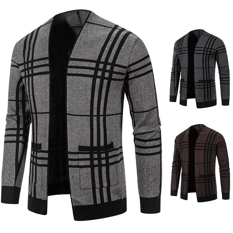 

New Men's Cardigan Horizontal and Vertical Stripes with Pocket Knitwear Fashion Casual Sweater