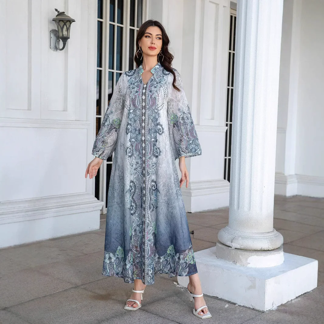 

Middle Eastern Muslim Luxury Fashion Women's Robe Embroidered Cloth Printed Hot Diamond Women's Long Dress Abaya