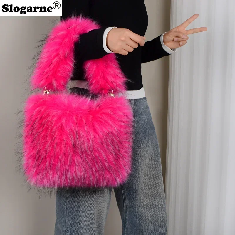 

Colorful Raccoon Fur Bags Women New Faux Fur Handbag Girls Cute Tote Bags 2025 Winter Warm Soft Fluffy Top Handle Shoulder Bags