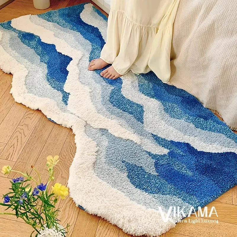 VIKAMA-alfombra de lujo ligera estética ondulada, decoración del hogar del océano azul, mesita de noche para habitación de niños, cómoda alfombra de felpa suave