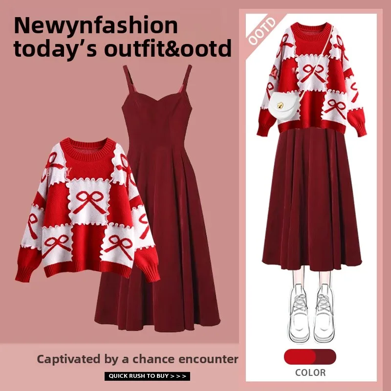 

Красный свитер и ter Dr, комплект из двух предметов для женщин, новогодний модный возрастной наряд, осенне-зимняя коллекция