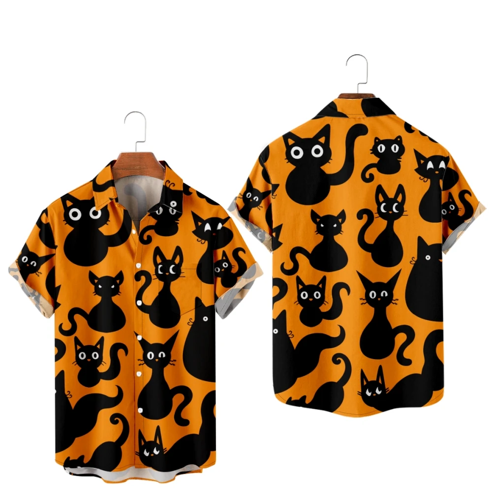 

Casual Shirts for Men Halloween Theme Black Cats Print Shirts Short Sleeve Summer Beach Vacation Tops Breathable