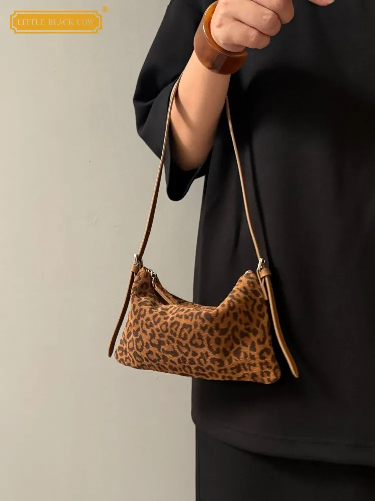 

Ladies Fashion Suede Style Zipper Leopard Brown Soft Split Leather Casual Women Office Shoulder Crossbody Handbag Underarm Bag