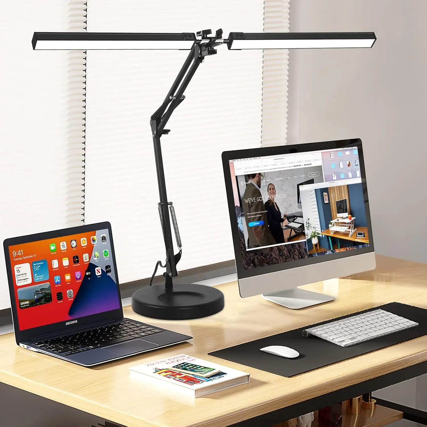 

24W Double Head LED Desk Lamp with Clamp and Base for Home Office, 3 Colors 10 Brightness Adjustable Swing Arm Light for Reading
